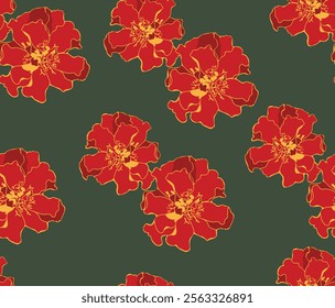 French marigold, scarlet red, Seamless pattern, floral, garden, hand drawn, endless, all over print to use textile, fabric, clothing, backdrop, wallpaper, home textile, clothing, fashion