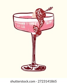 Französischer Martini-Cocktail mit Himbeere und Ananas in einem eleganten Glas. Perfekt für Partys, Feiern, Bar-Menüs, romantische Abende und stilvolle festliche Getränke-Präsentationen.