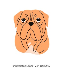 Raza francesa Mastiff, avatar de perro. Cute Bordeauxdog, retrato de cabeza. Cara canina, bozal. Dogue de bordeaux, perrito de pura raza, hocico de cachorro. Ilustración vectorial plana aislada en fondo blanco