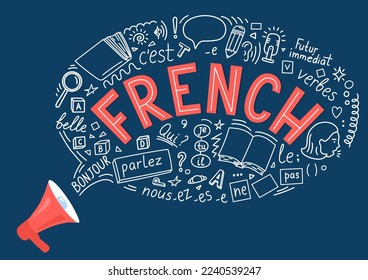 French. Megaphone with language doodle bubble. English translation: Hello, speak, who, we, not, verbs, it is, I, you, he, beautiful, Future Simple.