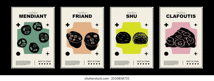 French mendiants, shu, friand, clafoutis. Price tag or poster design. Set of vector illustrations. Typography. Engraving style. Labels, cover, t-shirt print, painting.