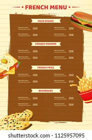 Plantilla de tarjeta de menú o diseño de volante para restaurante de comida rápida.
