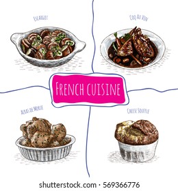 French menu colorful illustration. Vector illustration of French cuisine.
