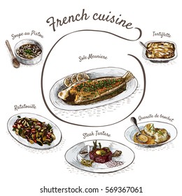 French menu colorful illustration. Vector illustration of French cuisine.