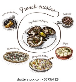 French menu colorful illustration. Vector illustration of French cuisine.