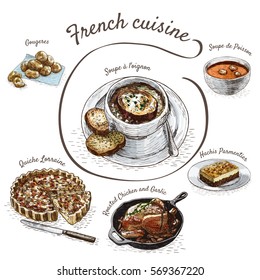 French menu colorful illustration. Vector illustration of French cuisine.