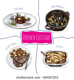 Französische Speisekarte bunte Illustration. Vektorgrafik der französischen Küche.