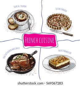 French menu colorful illustration. Vector illustration of French cuisine.