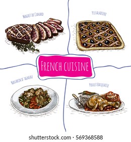 French menu colorful illustration. Vector illustration of French cuisine.