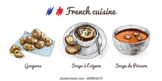 French menu colorful illustration. Vector illustration of French cuisine.