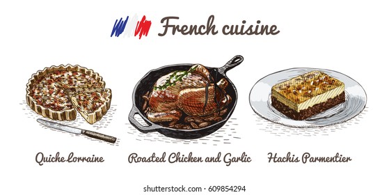 French menu colorful illustration. Vector illustration of French cuisine.