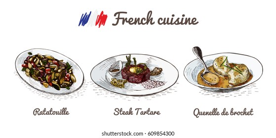 French menu colorful illustration. Vector illustration of French cuisine.