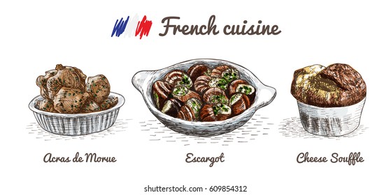 French menu colorful illustration. Vector illustration of French cuisine.