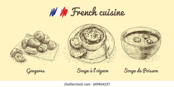 French menu monochrome illustration. Vector illustration of French cuisine.