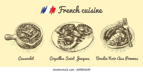 French menu monochrome illustration. Vector illustration of French cuisine.