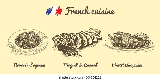 French menu monochrome illustration. Vector illustration of French cuisine.