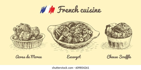 French menu monochrome illustration. Vector illustration of French cuisine.