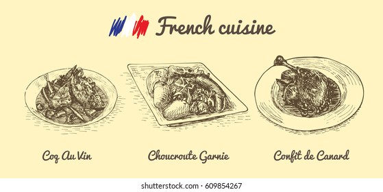 French menu monochrome illustration. Vector illustration of French cuisine.