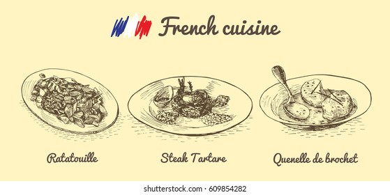 French menu monochrome illustration. Vector illustration of French cuisine.