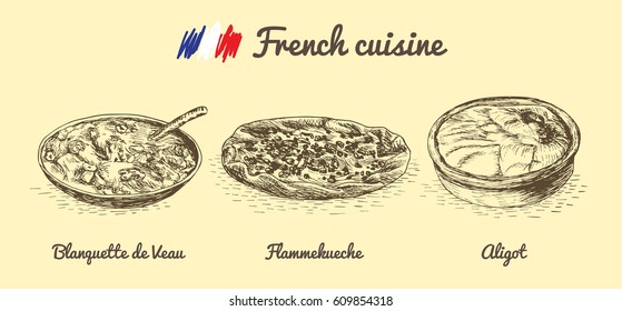 French menu monochrome illustration. Vector illustration of French cuisine.