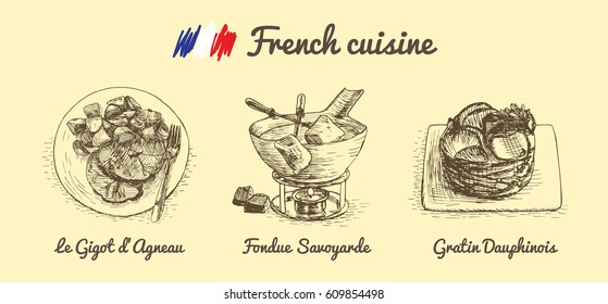 French menu monochrome illustration. Vector illustration of French cuisine.