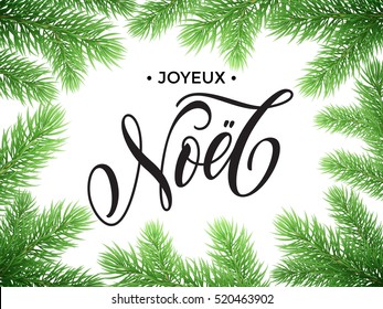 French Merry Christmas Joyeux Noel, New Year Bonne Annee text lettering in frame of pine, fir, spruce tree branches. Festive Joyeux Noel greeting card with Christmas golden stars ornaments