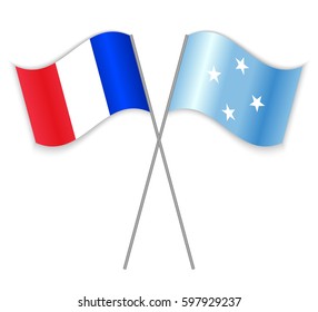 French and Micronesian crossed flags. France combined with Micronesia isolated on white. Language learning, international business or travel concept.