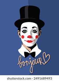 French mime face. Vector illustration with lettering. 