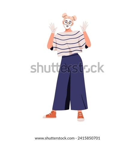 French mime, silent comic actress performing pantomime. Happy female artist acting, playing deaf mimic performance, show in gloves. Flat graphic vector illustration isolated on white background
