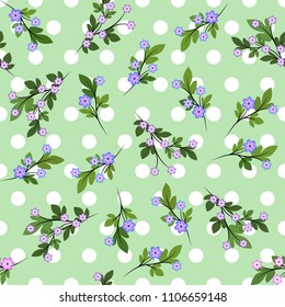 French model of textile drawing millefler. Scattering of small branches with blue flowers on pale green background with white polka dots