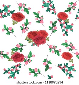 French model of textile drawing millefler. Scattering of small branches with pink flowers and red roses on a white background