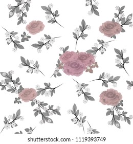 French model of textile drawing millefler. Scattering faded small branches with small flowers and light red roses on a white background