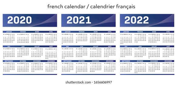 French modern techno calendar for years 2020-2021-2022 vector text is outline