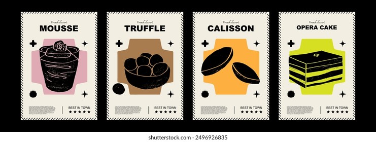 French mousse, truffle, calisson, opera cake. Price tag or poster design. Set of vector illustrations. Typography. Engraving style. Labels, cover, t-shirt print, painting.	