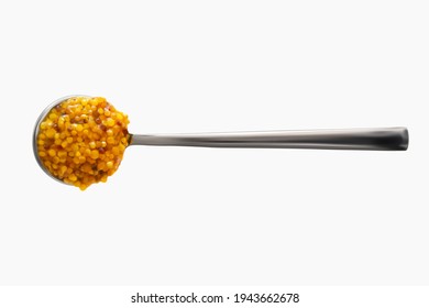 French mustard on spoon realistic 3d vector illustration isolated on white background. Portion of sauce. Close-up seasoning and dip