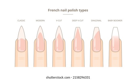 French nail polish types. Almond and ballerina nail shapes. Vector stock illustration