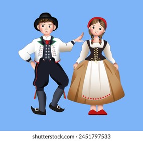 French national costume. French man and woman on a blue background. Vector illustration