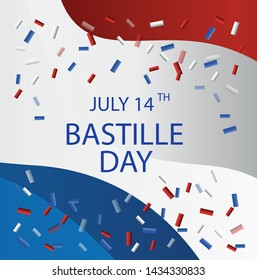 French National Day. 14 july. Happy Bastille Day! Flat banner in colors of the national flag of France for card and poster. Vector illustration. 