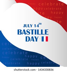 French National Day. 14 july. Happy Bastille Day! Flat banner in colors of the national flag of France for card and poster. Vector illustration. 