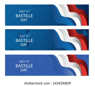 French National Day. 14 july. Happy Bastille Day! Flat banner in colors of the national flag of France for card and poster. Vector illustration. 