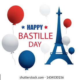 French National Day. 14 july. Happy Bastille Day! Flat banner in colors of the national flag of France for card and poster. Vector illustration. 