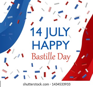 French National Day. 14 july. Happy Bastille Day! Flat banner in colors of the national flag of France for card and poster. Vector illustration. 