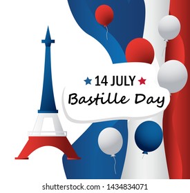 French National Day. 14 july. Happy Bastille Day! Flat banner in colors of the national flag of France for card and poster. Vector illustration. 