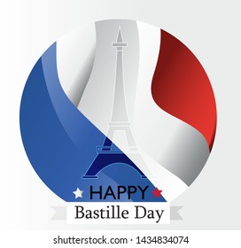 French National Day. 14 july. Happy Bastille Day! Flat banner in colors of the national flag of France for card and poster. Vector illustration. 