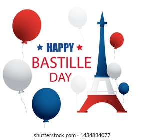 French National Day. 14 july. Happy Bastille Day! Flat banner in colors of the national flag of France for card and poster. Vector illustration. 