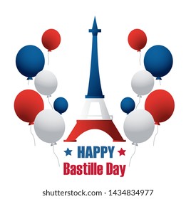 French National Day. 14 july. Happy Bastille Day! Flat banner in colors of the national flag of France for card and poster. Vector illustration. 