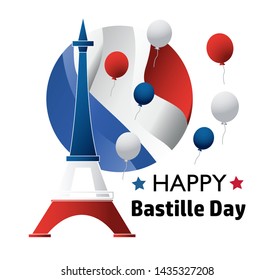 French National Day. 14 july. Happy Bastille Day! Flat banner in colors of the national flag of France for card and poster. Vector illustration.