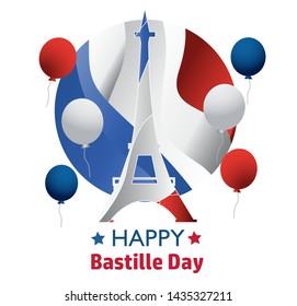 French National Day. 14 july. Happy Bastille Day! Flat banner in colors of the national flag of France for card and poster. Vector illustration.