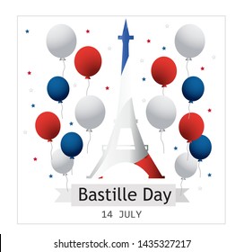 French National Day. 14 july. Happy Bastille Day! Flat banner in colors of the national flag of France for card and poster. Vector illustration.