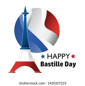 French National Day. 14 july. Happy Bastille Day! Flat banner in colors of the national flag of France for card and poster. Vector illustration.